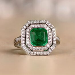 Emerald and double diamond halo engagement ring 12484 Artistic