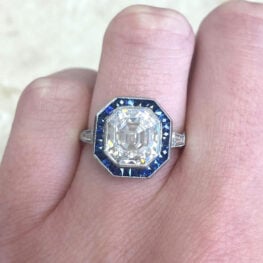 Hexagonal Motif Sapphire Halo And Asscher Cut Diamond Engagement Ring 13025 F3