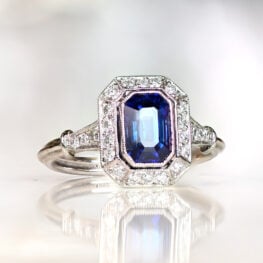 Portland Ring Top View Artistic Sapphire and Diamond Halo Ring