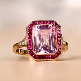 3.84ct Emerald Cut Kunzite And Ruby Halo Gold Ring - Matosinhos Ring 13317
