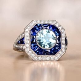 Geometric Mounting Diamond And Sapphire Halo Aquamarine Gemstone Ring 13465-Artistic