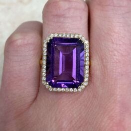 11.25ct Emerald Cut Natural Amethyst 18k Yellow Gold Diamond Halo Cocktail Ring 13723 F2