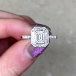 Bezel Set 0.54ct Emerald Cut Center Stone And Geometric Halo Platinum Engagement Ring 13738-F5