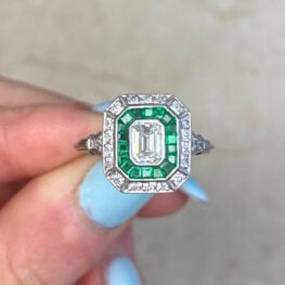 Bezel Set Emerald Cut Diamond And Natural Emerald Gemstone Halo Engagement Ring 13784 F5