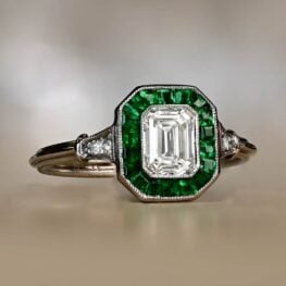 Emerald Cut Diamond and Emerald Halo Engagement Ring Artistic