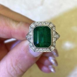 Green Emerald and Old Cut Diamond Platinum Ring 13959 F5