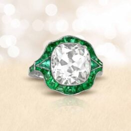 Antique Cushion Cut Diamond and Emerald Halo Ring Tropia Ring Artistic