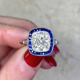 French Cut Natural Sapphire Halo Antique Cushion Cut Diamond Engagement Ring 14157-F4