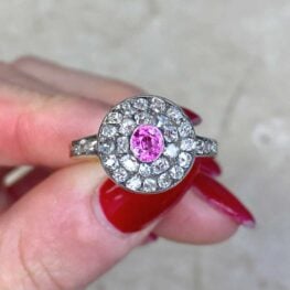Bezel Set Pink Sapphire And Old Mine Cut Double Halo Antique Ring 14213 F5