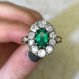 Floral Motif Old Mine Cut Diamond Halo Emerald Center Stone Ring 14303-F5