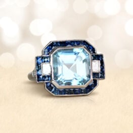 Aquamarine and Diamond Accent, Sapphire Halo Ring 14330 Oregon Ring Artistic