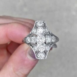Three Bezel Set Geometric Art Deco Diamond Elongated Cocktail Ring Circa 1920 14358-F5