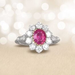 Ruby and Diamond Cluster Platinum Ring Artistic Top View
