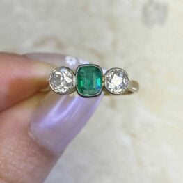cushion cut natural emerald three-stone ring Lakeside Ring 14960-F5