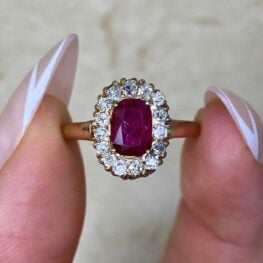 1880's Ruby Ring with Halo of Old European Cut Diamonds 15019