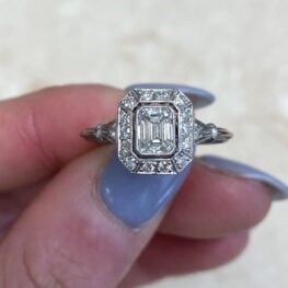 Bezel Set Geometric Single Cut Diamond Halo Emerald Cut Diamond Center Engagement Ring Berkshire F5