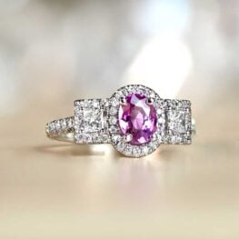 Three Stone Pink Sapphire Center Stone Diamond Accenting 18k White Gold Ring DYL30-Artistic-1000x1000