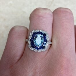 Geometric Sapphire And Diamond Halo Platinum Mounting Aquamarine Gemstone Ring Easton Ring F3