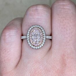 Light Pink Oval Diamond Ring Haledon Ring Zoomed In Top View Worn