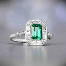 Emerald and Baguette Halo Ring Arcadia Ring Artistic
