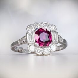 Cushion Cut Ruby and Diamond Cluster Ring Artistic