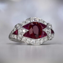 Ruby and Diamond Halo Geometric Ring