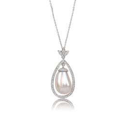 Platinum and Pearl Drop Pendant Necklace - Iberia Necklace